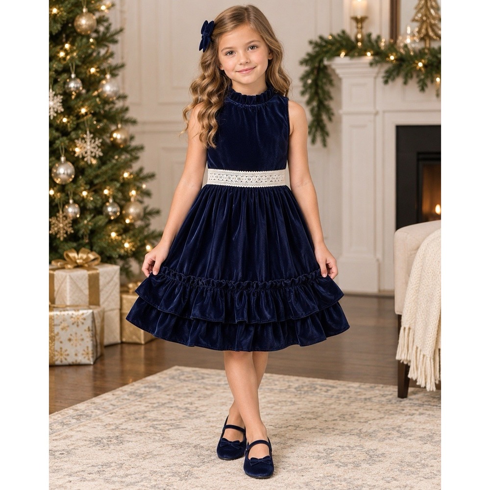 Janie And Jack Girls 8 Navy Velvet Dress Lace Waist Ruffle Holiday Christmas